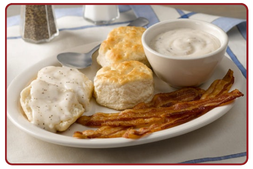 Biscuits n’ Gravy with Bacon or Sausage